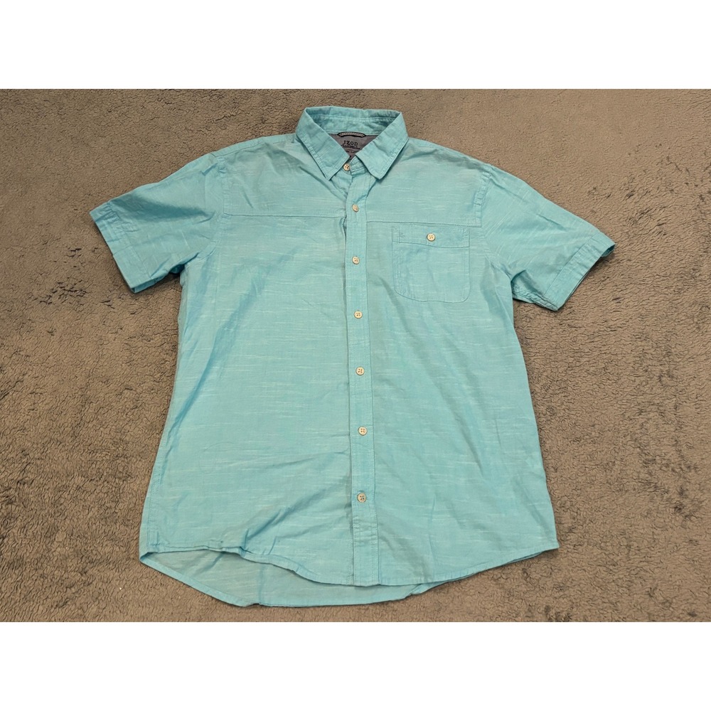 IZOD Saltwater Relaxed Classics Mens Medium Aqua Blue Short Sleeve Cotton Shirt